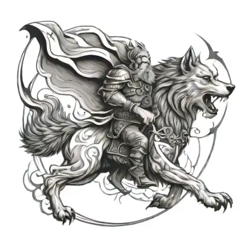 A mythological battle scene between Odin and Fenrir the wolf, with lightning bolts and swirling clouds in the background tattoo design idea
