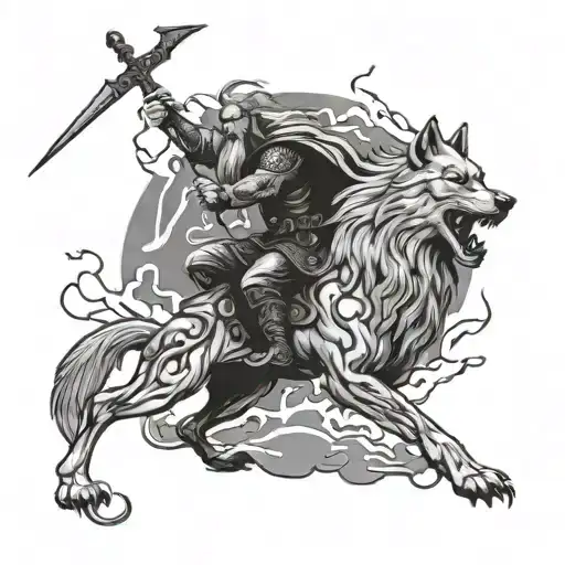 A mythological battle scene between Odin and Fenrir the wolf, with lightning bolts and swirling clouds in the background tattoo design idea