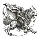 A mythological battle scene between Odin and Fenrir the wolf, with lightning bolts and swirling clouds in the background tattoo design idea