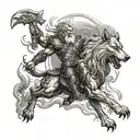 A mythological battle scene between Odin and Fenrir the wolf, with lightning bolts and swirling clouds in the background tattoo design idea