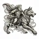 A mythological battle scene between Odin and Fenrir the wolf, with lightning bolts and swirling clouds in the background tattoo design idea