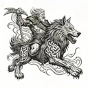 A mythological battle scene between Odin and Fenrir the wolf, with lightning bolts and swirling clouds in the background tattoo design idea