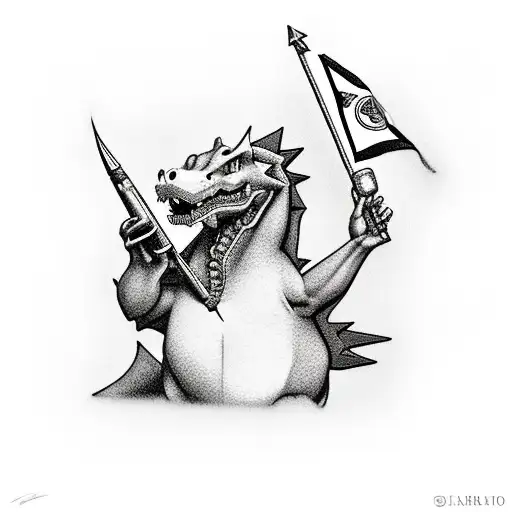 A realistic portrait of Charizard holding a Bacardi bottle, with a Cuban flag in the background tattoo design idea