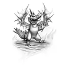 A new-school design of Charizard breathing fire on a Bacardi logo, with tropical Cuban flowers surrounding them tattoo design idea