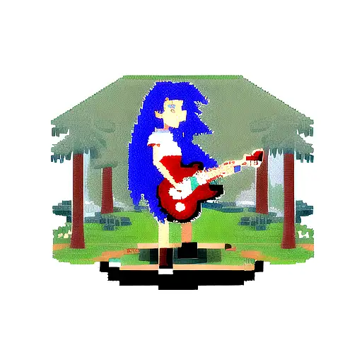 A pixelated video game character playing a guitar in a forest tattoo design idea
