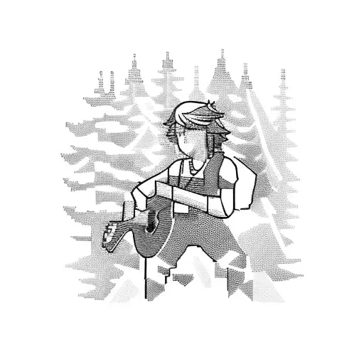 A pixelated video game character playing a guitar in a forest tattoo design idea