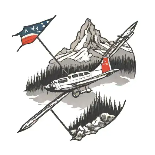 Pacific Northwest mountains with both Canadian and American flags with a plane on the mountain  tattoo design idea