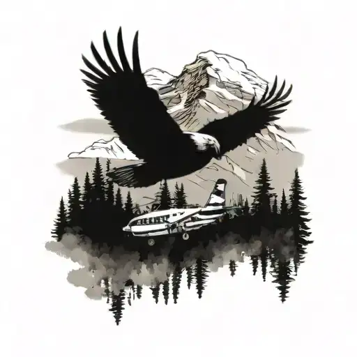 Pacific Northwest mountains with both Canadian and American flags with a plane on the mountain  tattoo design idea