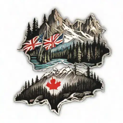 Pacific Northwest mountains with both Canadian and American flags  tattoo design idea