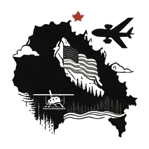Pacific Northwest mountains with both Canadian and American flags with a plane on the mountain  tattoo design idea