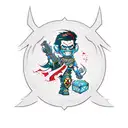 A computer engineer merging with a World of Warcraft Horde character, surrounded by gaming symbols tattoo design idea