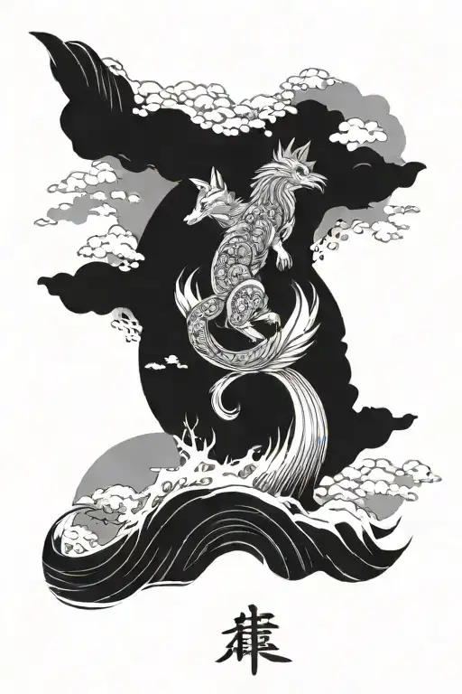 wave of kanagawa, linework fox, phoenix around mt Fuji  tattoo design idea