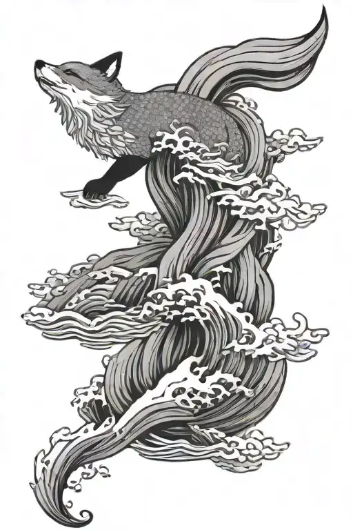 wave of kanagawa, linework fox, phoenix around mt Fuji  tattoo design idea