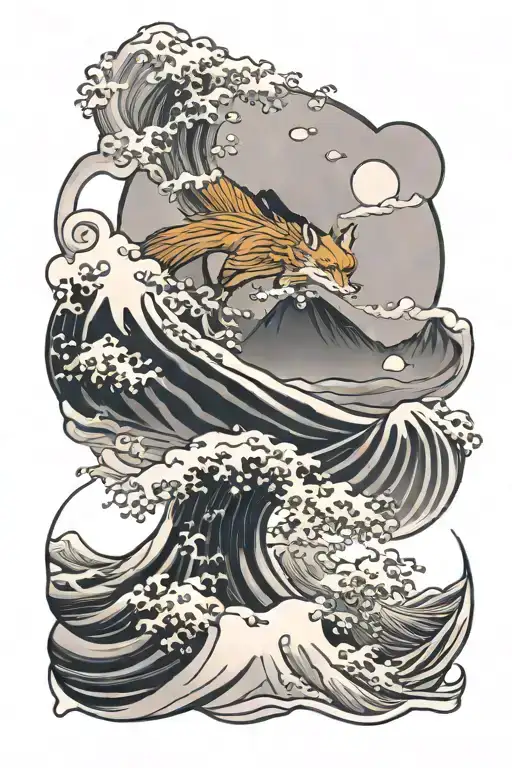 wave of kanagawa, linework fox, phoenix around mt Fuji  tattoo design idea
