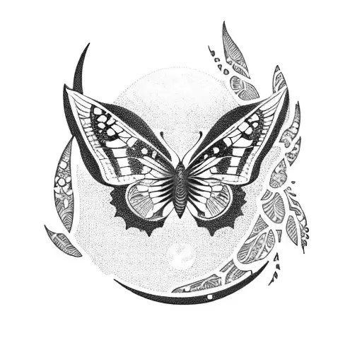 A beautiful blackwork tattoo of a butterfly surrounded by shimmering flowers and leaves under a crescent moon. tattoo design idea