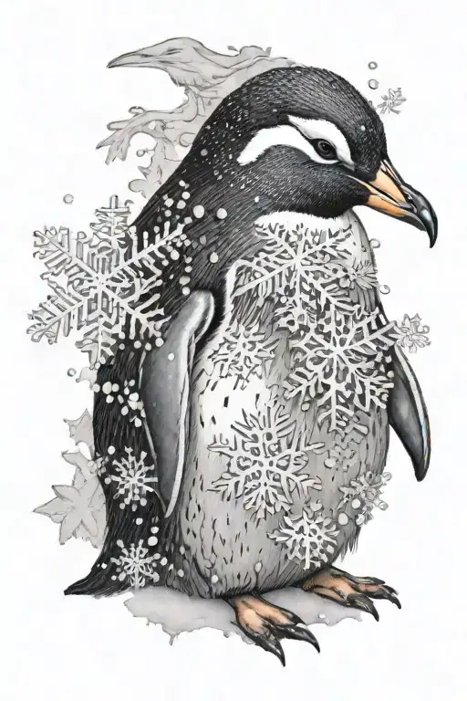black and white penguin with snowflake backgrond tattoo design idea