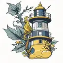 canaries lighthouse yellow and navy, acorn leaf tattoo design idea