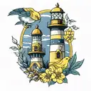 canaries lighthouse yellow and navy, acorn leaf tattoo design idea