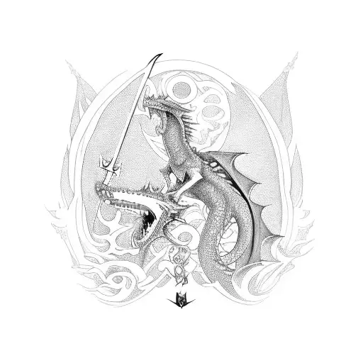 A knight riding a dragon into battle tattoo design idea