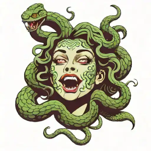 medusa with her eyes blank, she's smiling with her tongue hanging out of her mouth, her tongue looks like a snakes  tattoo design idea