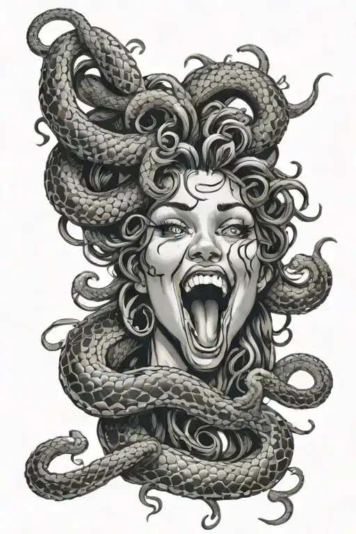 medusa with her eyes whitened out while she's smiling with her mouth open and her tongue looks like a snakes  tattoo design idea