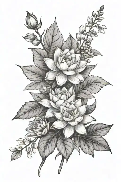 bouquet of flowers with 1 water lily, 1 Narcissus, 1 rose, 1 holly berry, and 1 daisy with no  tattoo design idea