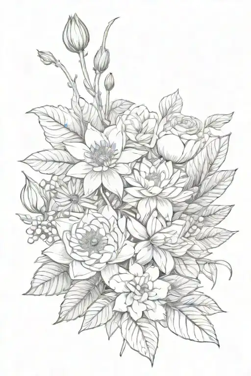 handheld bouquet of flowers with 1 water lily, 1 Narcissus, 1 rose, 1 holly berry, and 1 daisy tattoo design idea