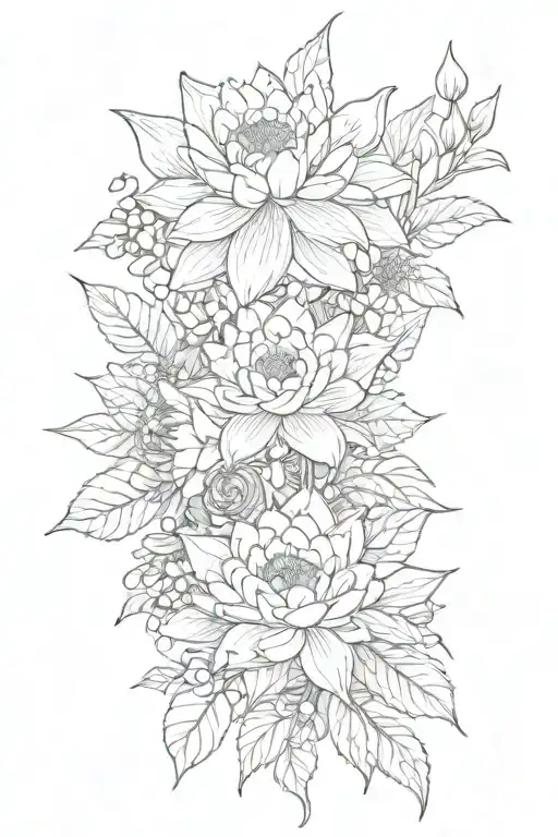 bouquet of flowers with 1 water lily, 1 Narcissus, 1 rose, 1 holly berry, and 1 daisy with no  tattoo design idea