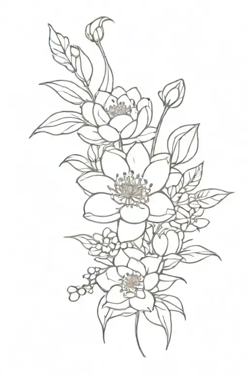 simple and small bouquet of flowers with 1 water lily, 1 Narcissus, 1 rose, 1 holly berry, and 1 daisy with no  tattoo design idea