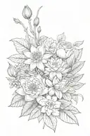 handheld bouquet of flowers with 1 water lily, 1 Narcissus, 1 rose, 1 holly berry, and 1 daisy tattoo design idea