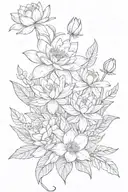 handheld bouquet of flowers with 1 water lily, 1 Narcissus, 1 rose, 1 holly berry, and 1 daisy tattoo design idea