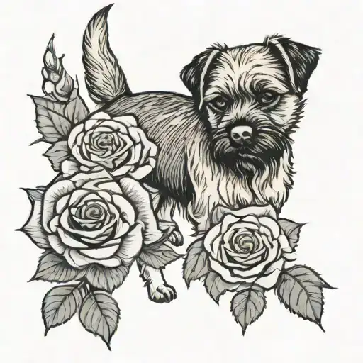 border terrier standing proud and a rose  tattoo design idea
