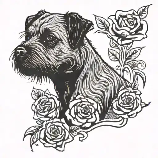border terrier standing proud and a rose  tattoo design idea