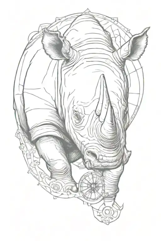 rhinoceros with a hole in its head and a compass symbol on tattoo design idea