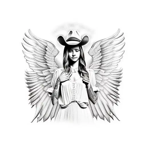 memorial tattoo of just angel wings with a cowboy hat as the halo, with roman numerals underneath for years alive tattoo design idea