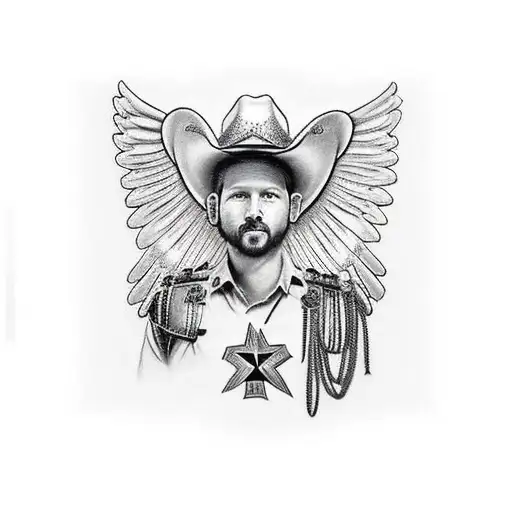 memorial tattoo of just angel wings and a cowboy hat as the halo, with roman numerals underneath for years alive tattoo design idea