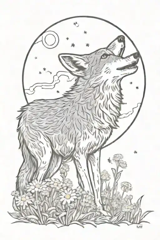 A coyote howling at a full moon made of eidelweiss flowers tattoo design idea