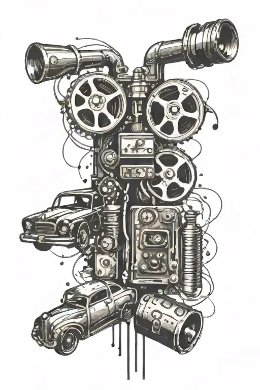 A tattoo design of a classic movie reel with music notes and bourbon bottles flowing out of it, surrounded by old car parts tattoo design idea
