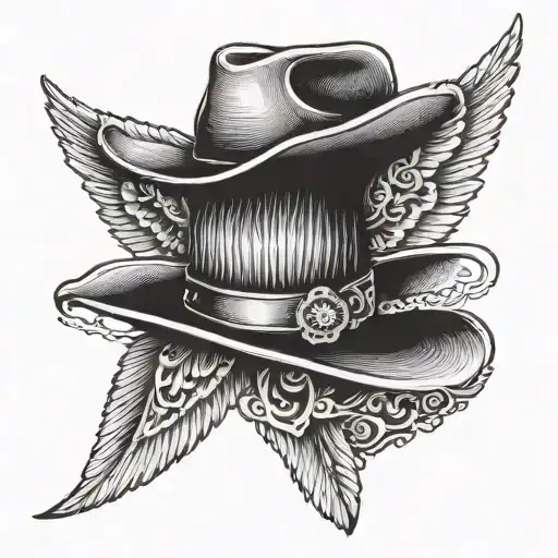 angel wings with cowboy hat above and date tattoo tattoo design idea