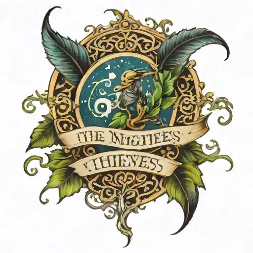 A tattoo design, with a banner that says 'The Night Thieves' foliage filigree tattoo design idea