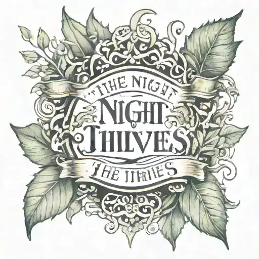 A tattoo design, with a banner that says 'The Night Thieves' foliage filigree tattoo design idea