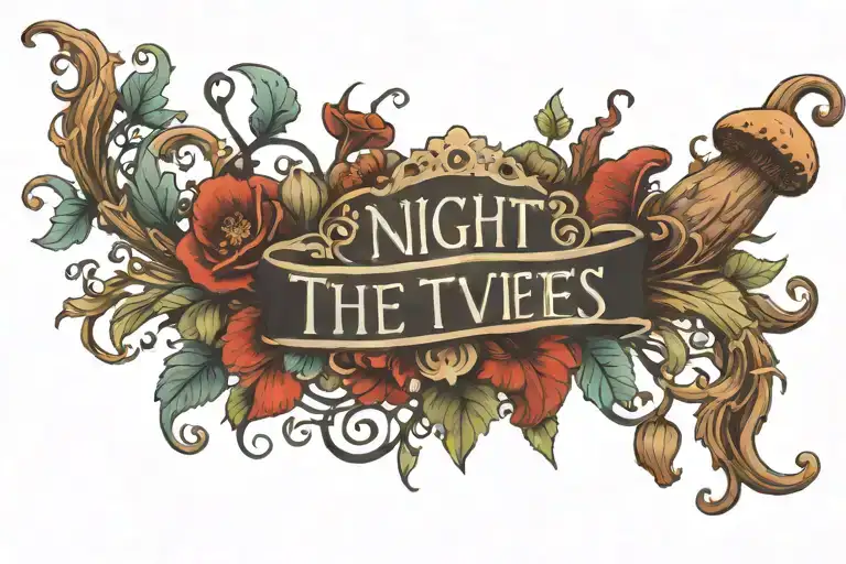 A banner with the name" The Night Theives" foliage filigree and Mushrooms  tattoo design idea