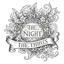 A tattoo design, with a banner that says 'The Night Thieves' foliage filigree tattoo design idea