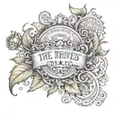 A tattoo design, with a banner that says 'The Night Thieves' foliage filigree tattoo design idea