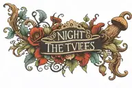 A banner with the name" The Night Theives" foliage filigree and Mushrooms  tattoo design idea