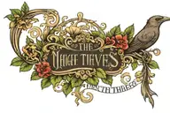 A banner with the name" The Night Theives" foliage filigree and Mushrooms  tattoo design idea