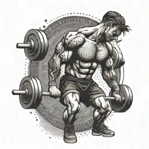 A dotwork design of a gym enthusiast lifting weights, with intricate patterns and shading to represent the strength and dedication of the individual tattoo design idea
