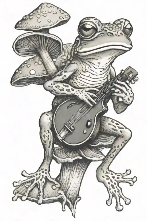 frog playing banjo on mushroom tattoo design idea