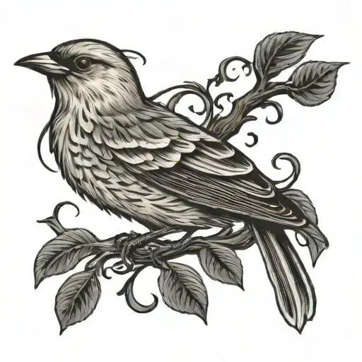 thrush bird over the letter R made of intertwined branches tattoo design idea