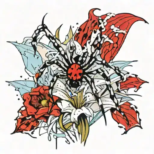 spider on lily flower with royal flush in background tattoo design idea